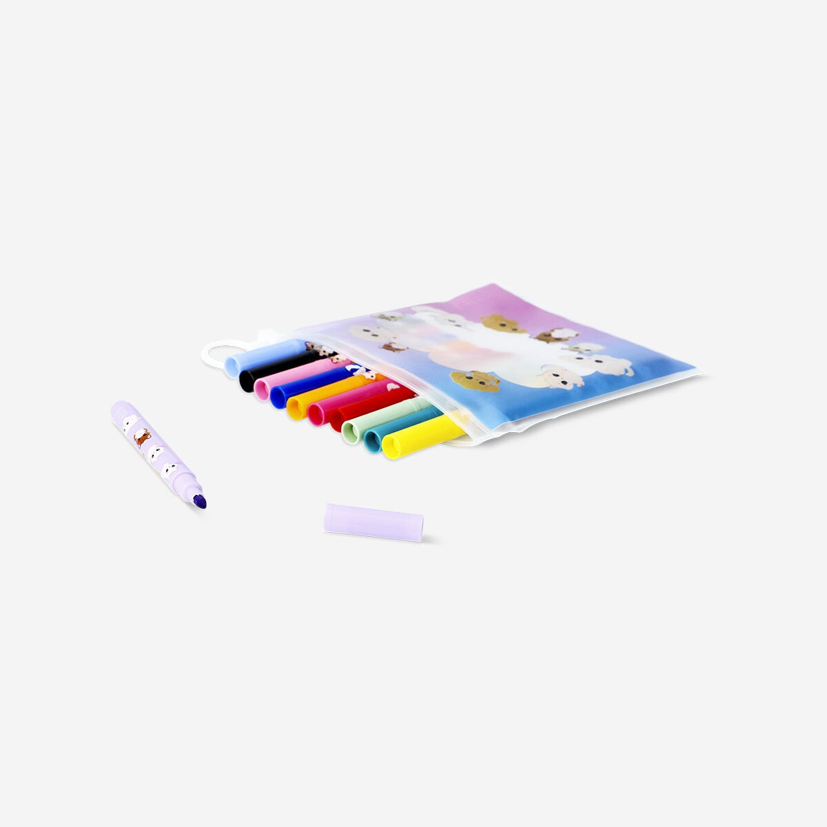 Set of 12 Flying Tiger Copenhagen office markers with colorful animal icon designs for organization and creative writing.