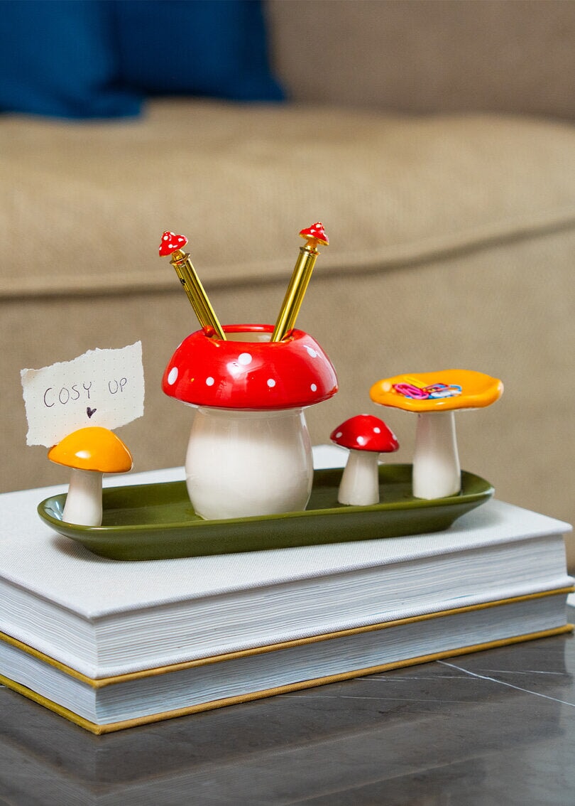 Flying Tiger Copenhagen mushroom-shaped pencil holder for office desk organization, featuring a cute, whimsical mushroom design.