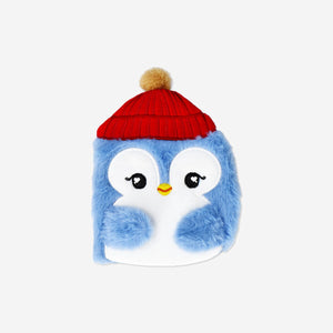 Office notebook featuring a plush penguin from Flying Tiger Copenhagen, with soft fabric cover and cute penguin design.