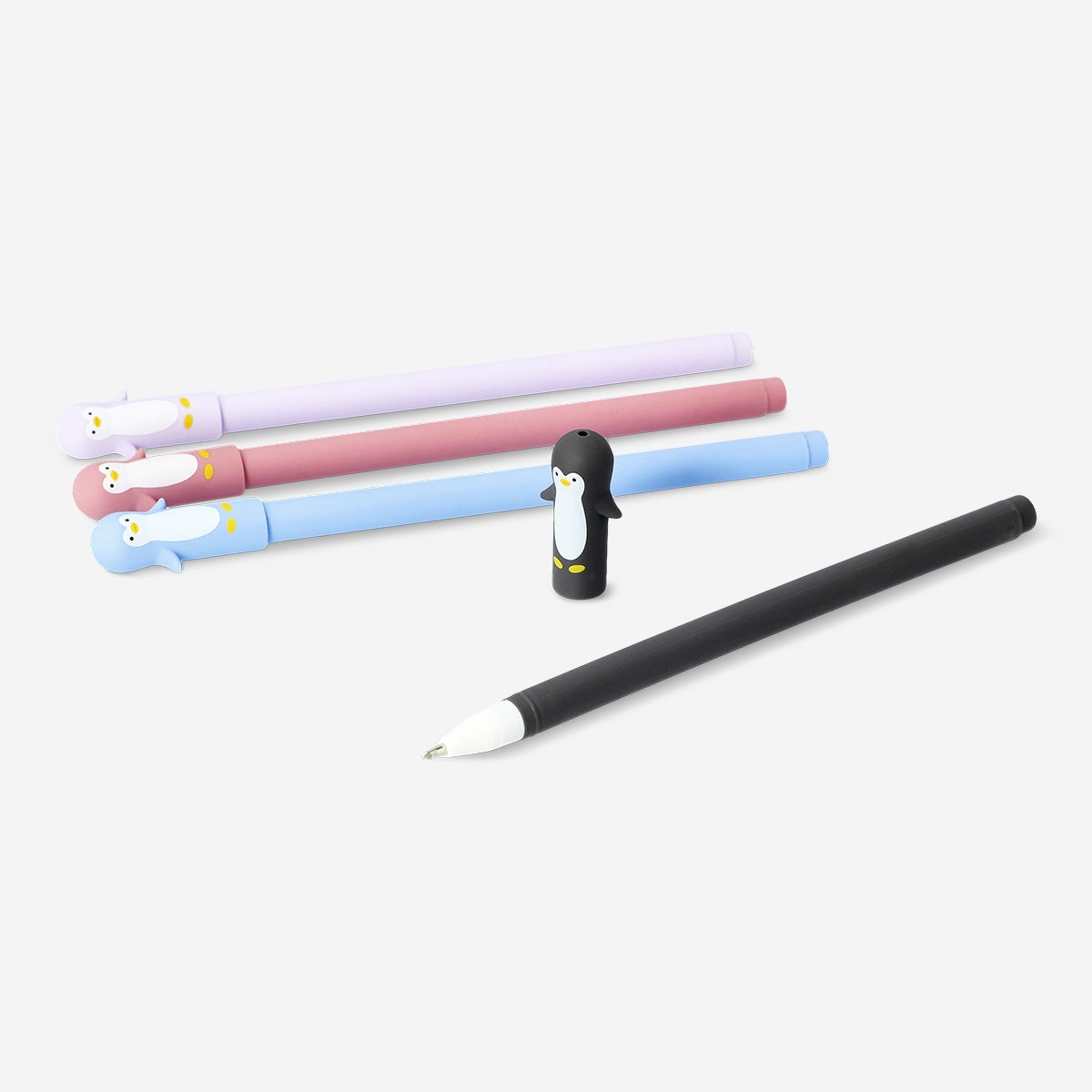 Set of four Penguin-shaped gel ink pens from Flying Tiger Copenhagen, colorful office stationery for writing and decorating.
