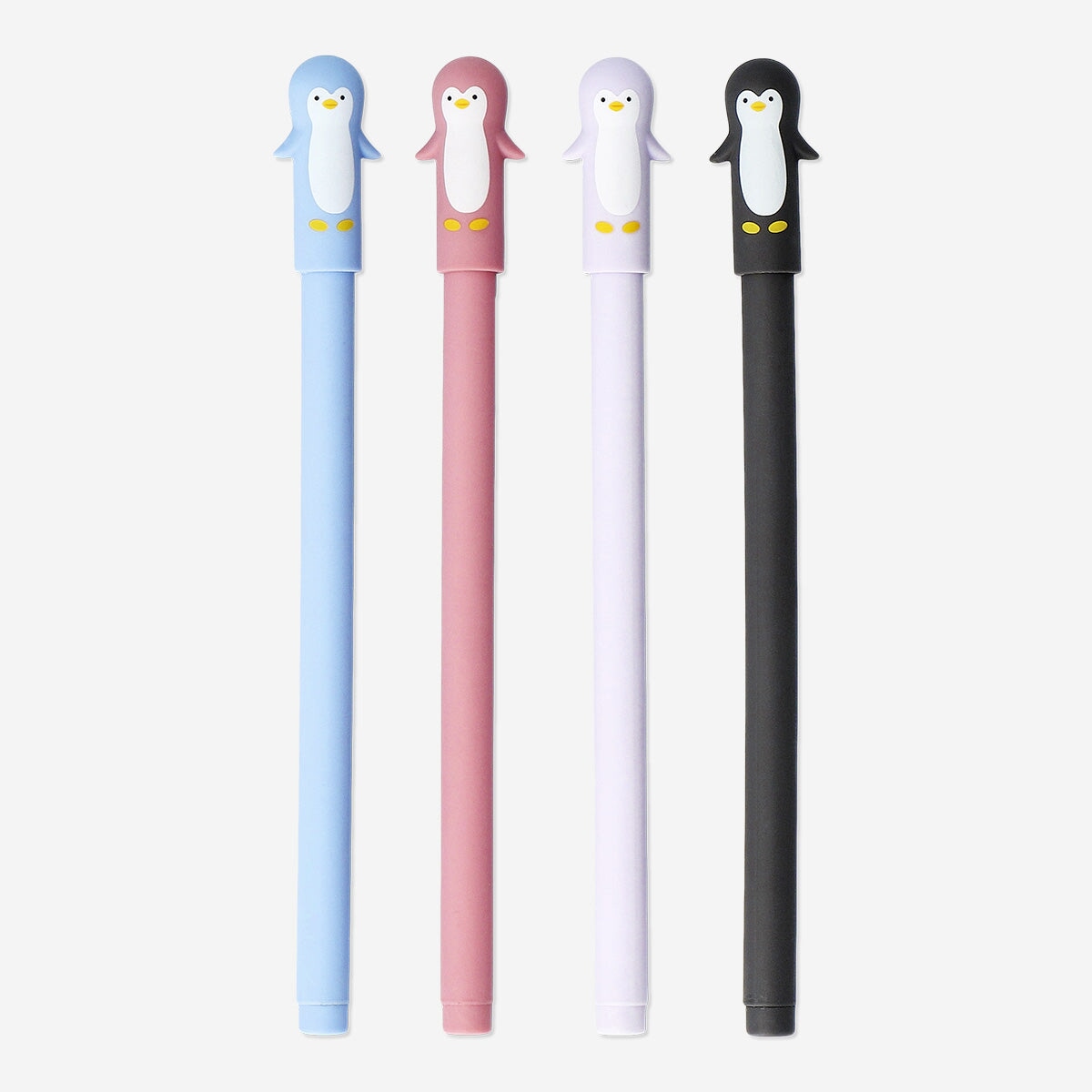 Set of four penguin-shaped gel ink pens from Flying Tiger Copenhagen, perfect for office use and writing fun.