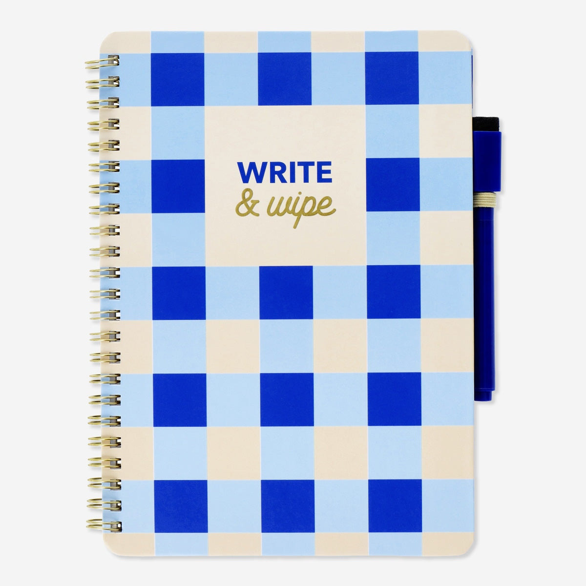Reusable office notebook with erasable marker by Flying Tiger Copenhagen, showing pages open with writing and marker.