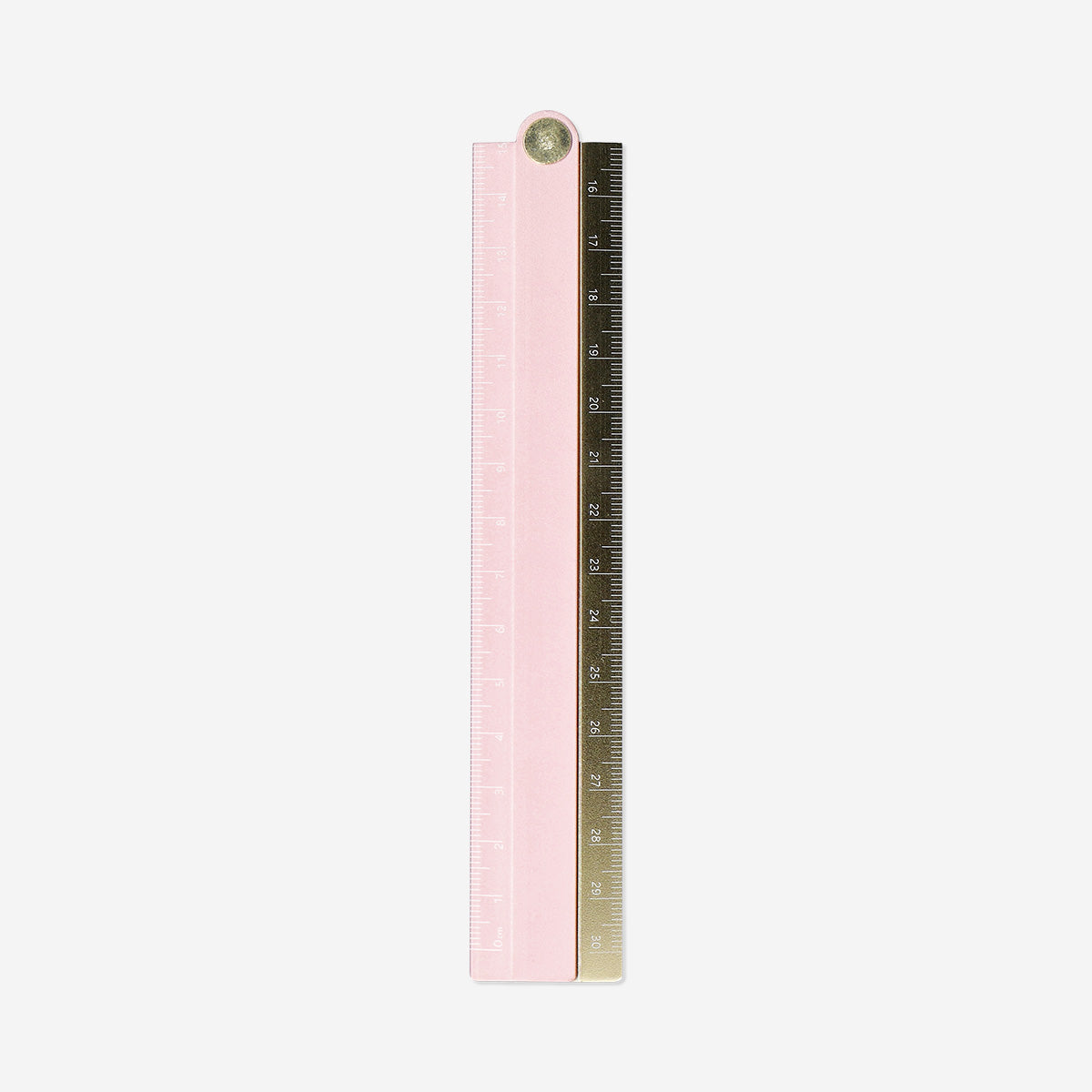 Rose foldable metal ruler for office use by Flying Tiger Copenhagen, showing the compact, pink, foldable design on a white background.