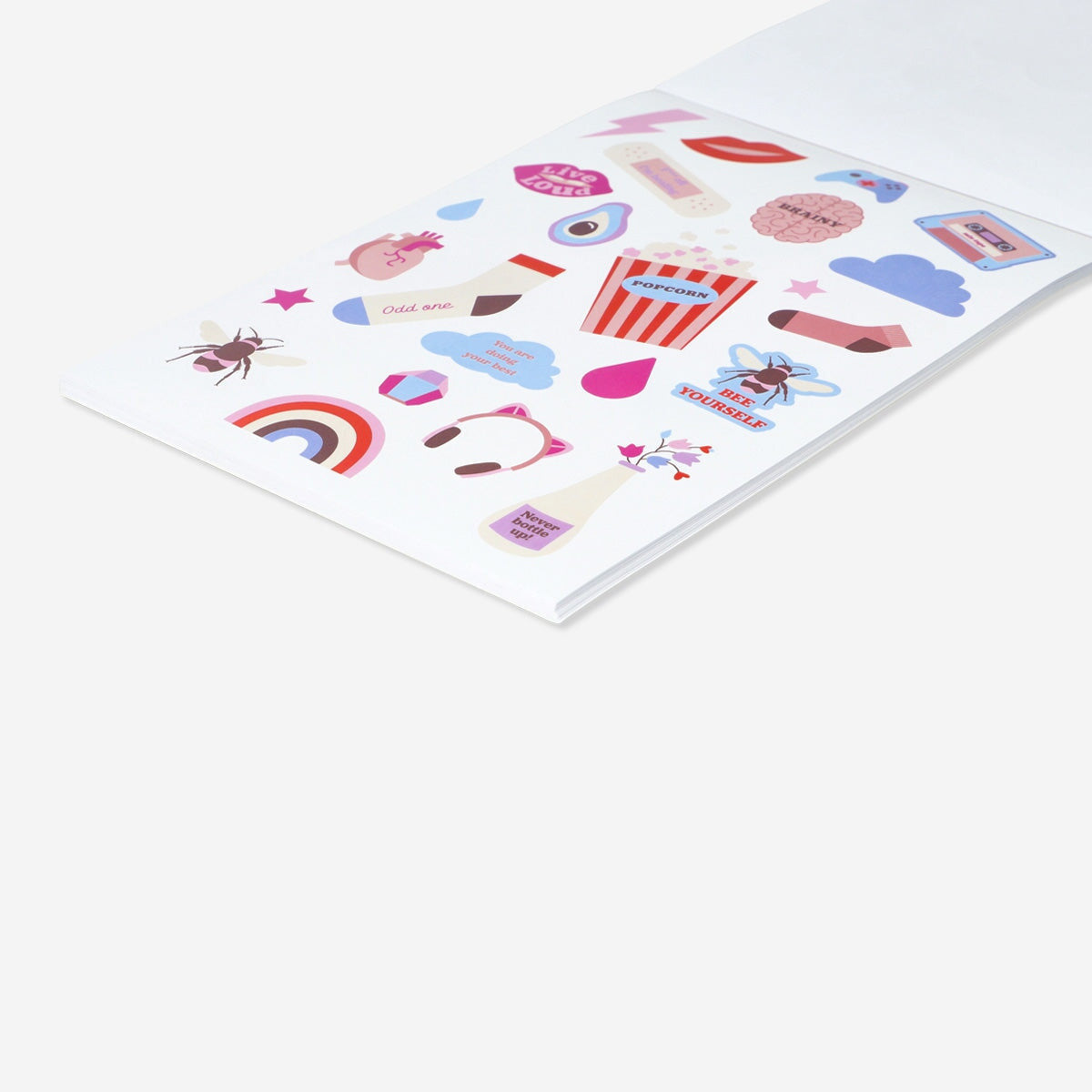 Set of 20 office stickers from Flying Tiger Copenhagen on colorful sheets, ideal for decorating notebooks and planners.