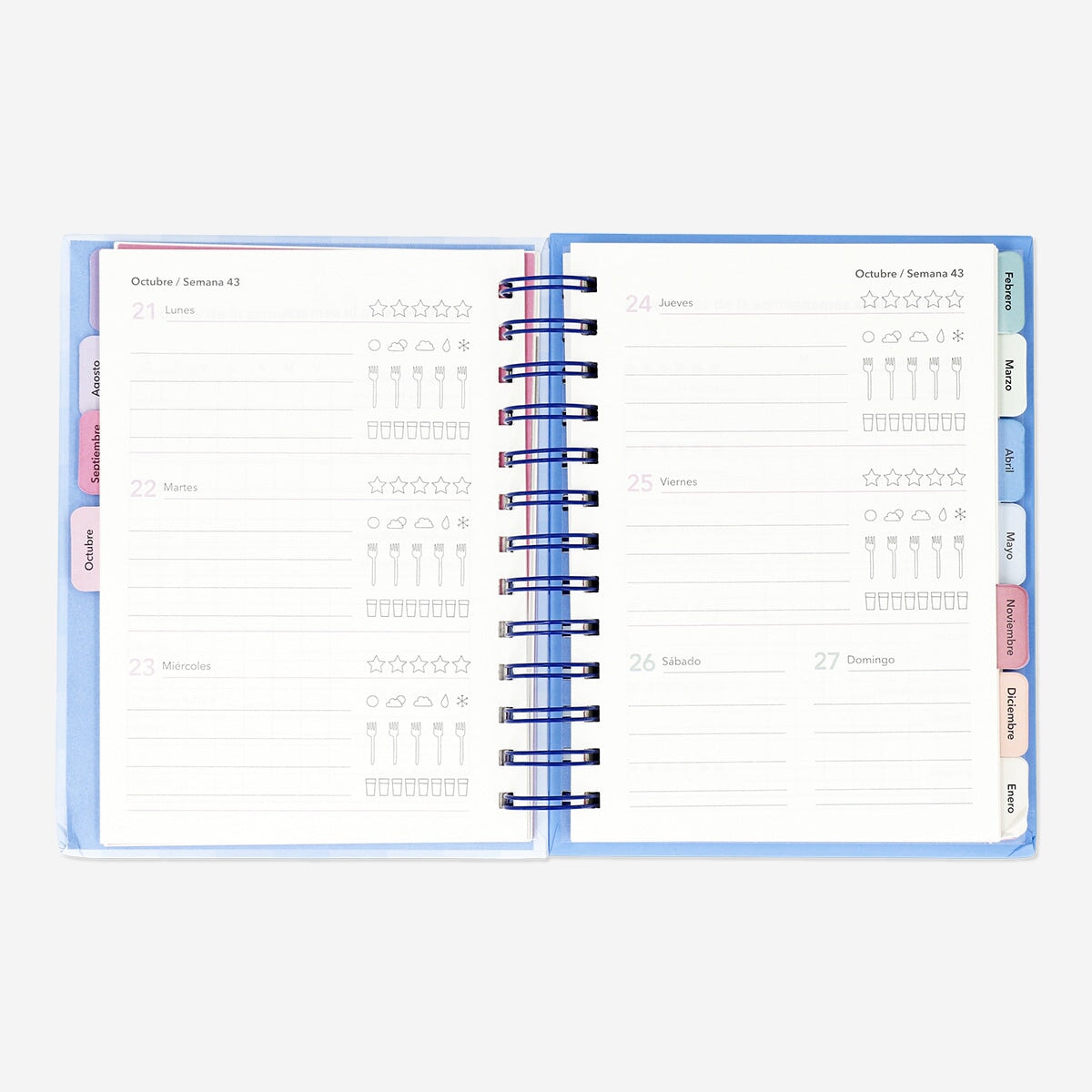 Flying Tiger Copenhagen study planner in Spanish for office use, featuring a colorful cover and organized layout.
