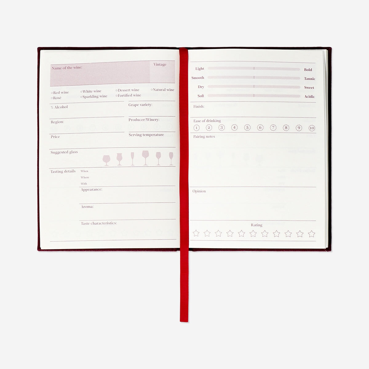 Flying Tiger Copenhagen wine tasting journal with linen cover for office use, featuring space to record wine notes and tasting details.