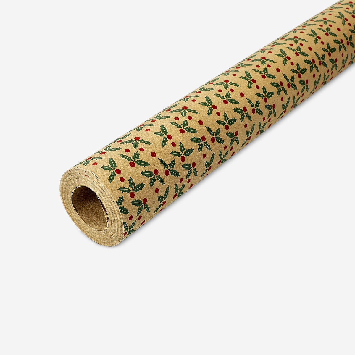 10 m Flying Tiger Copenhagen Christmas holly pattern wrapping paper, festive holiday gift wrap with holly design.