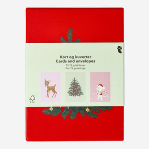 Set of 15 Flying Tiger Copenhagen Christmas-themed cards and envelopes with festive motifs for holiday parties.