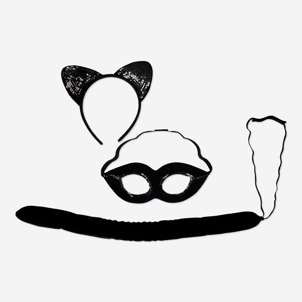Adult cat costume accessories for a party, including ears, tail, and whiskers, from Flying Tiger Copenhagen.