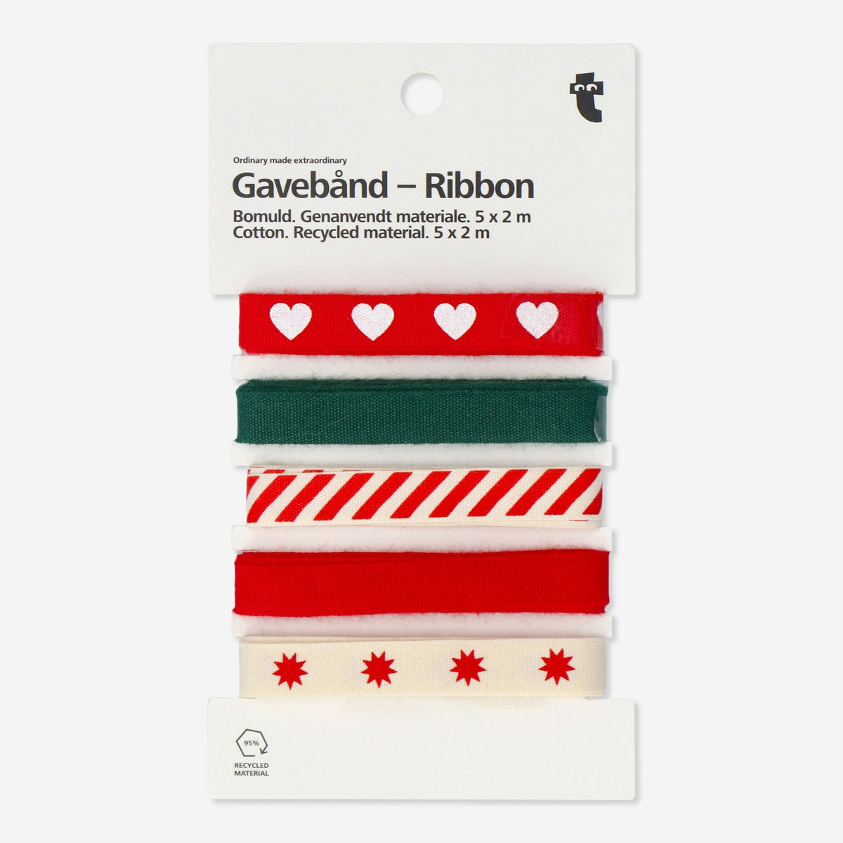 Set of three colorful cotton ribbons for party decoration, by Flying Tiger Copenhagen, shown in vibrant, neatly bundled arrangements.
