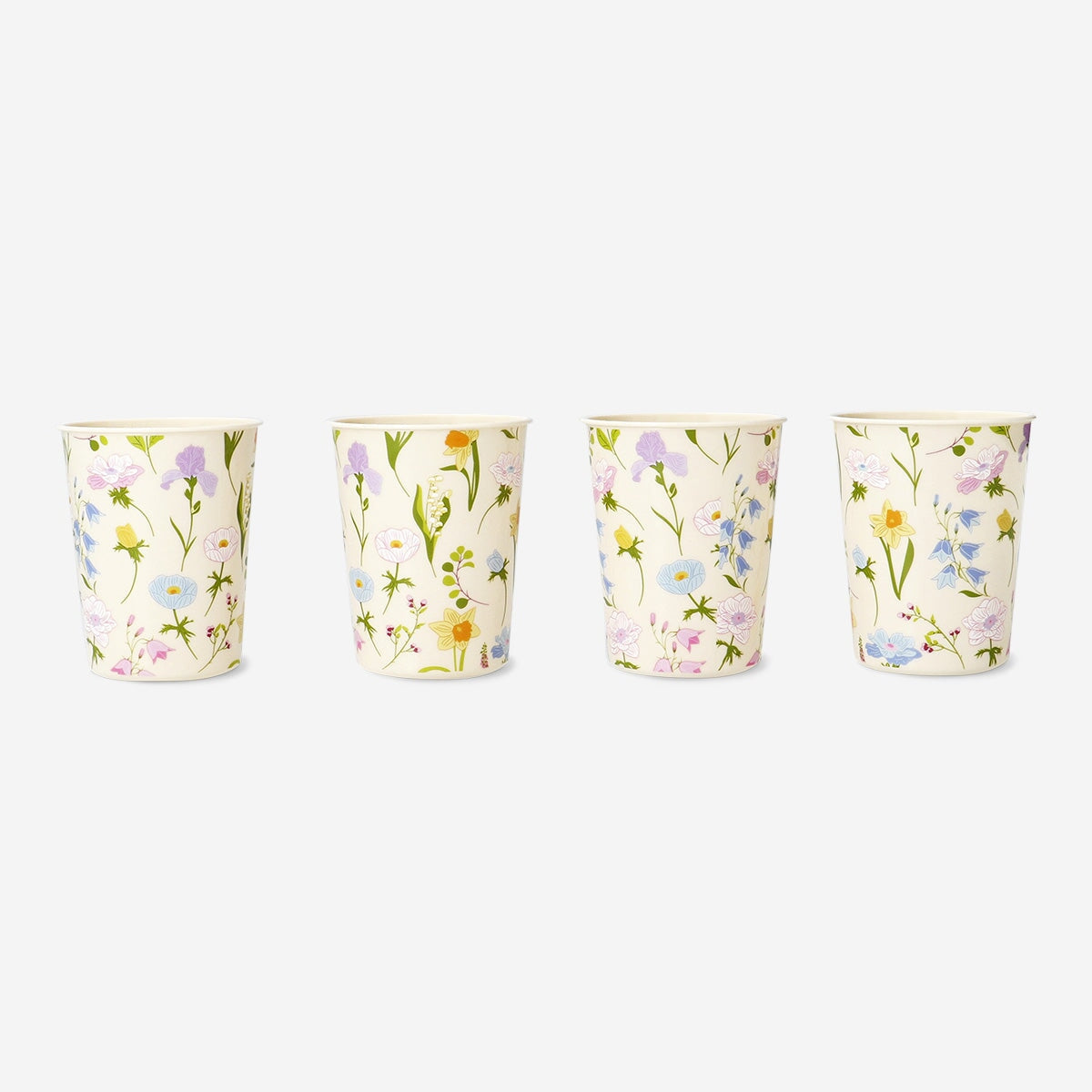 Set of four Flying Tiger Copenhagen party cups with colorful flower print, perfect for celebrations and gatherings.