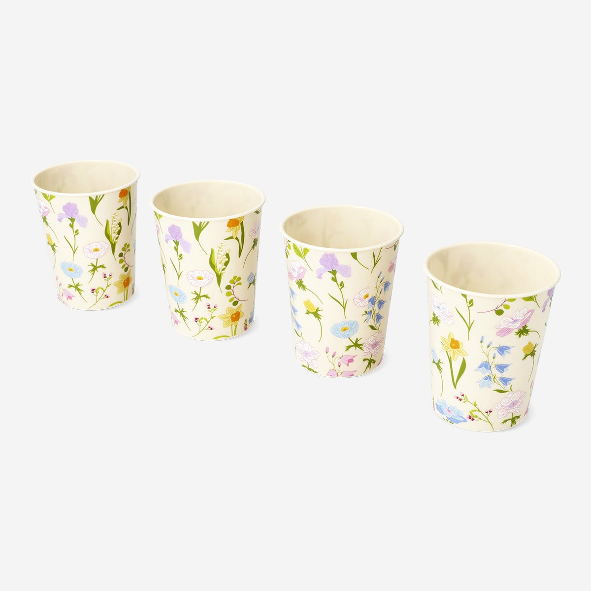 Set of four Flying Tiger Copenhagen party cups with colorful flower print for festive gatherings and celebrations.