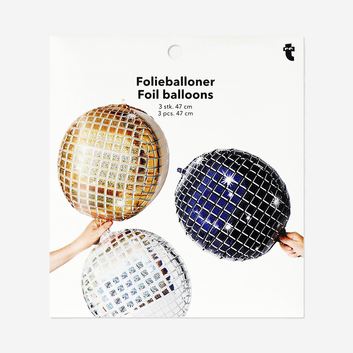 Set of three Flying Tiger Copenhagen disco ball foil balloons for party decorations, shiny and festive for celebrations.