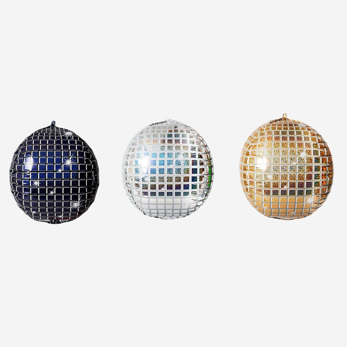 Set of three disco ball foil balloons for party decoration by Flying Tiger Copenhagen, featuring shiny, reflective surfaces.