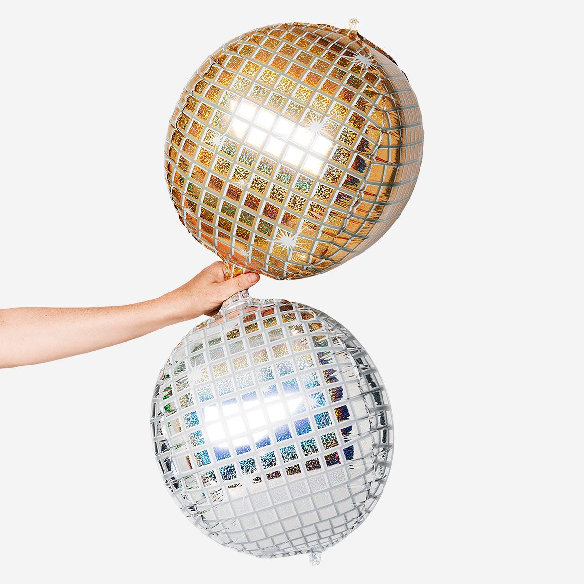 Three Flying Tiger Copenhagen disco ball foil balloons for party decorations, shiny spherical balloons for celebration events.