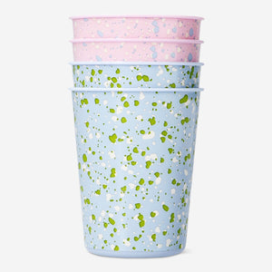 Four Easter-themed party cups by Flying Tiger Copenhagen with colorful holiday designs, perfect for festive celebrations.