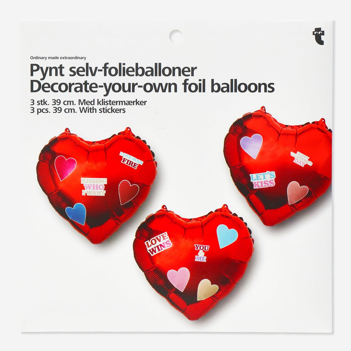 Set of three Flying Tiger Copenhagen foil balloons with colorful stickers for party decorations.