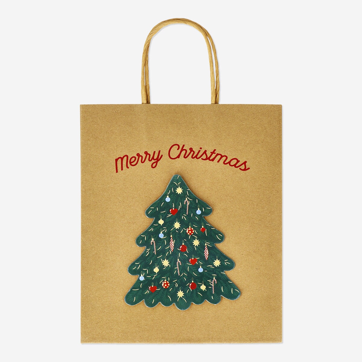 Party gift bag with Christmas tree design from Flying Tiger Copenhagen, featuring festive holiday decorations.