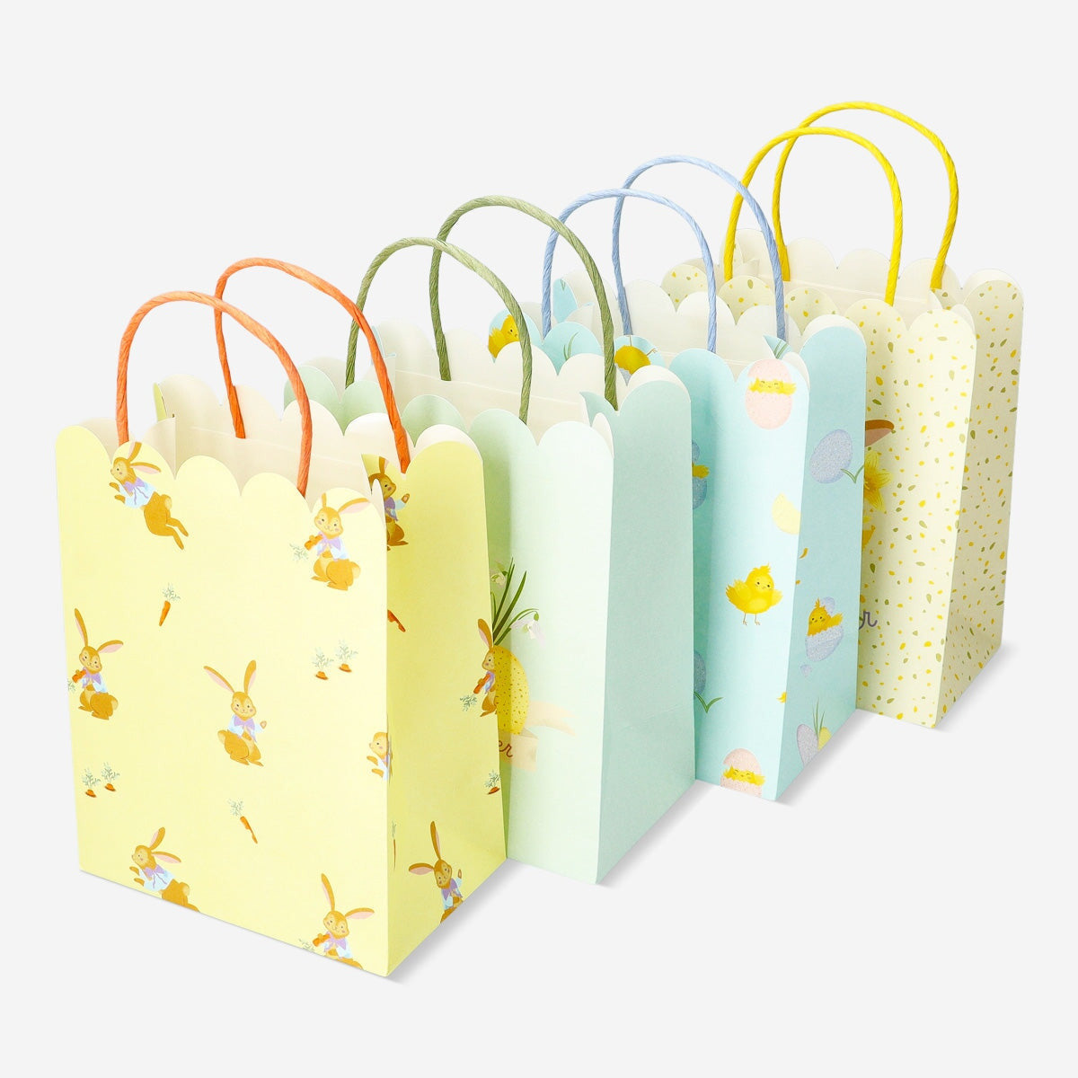 Set of four Flying Tiger Copenhagen party gift bags with colorful designs, ideal for celebrations and gift wrapping.