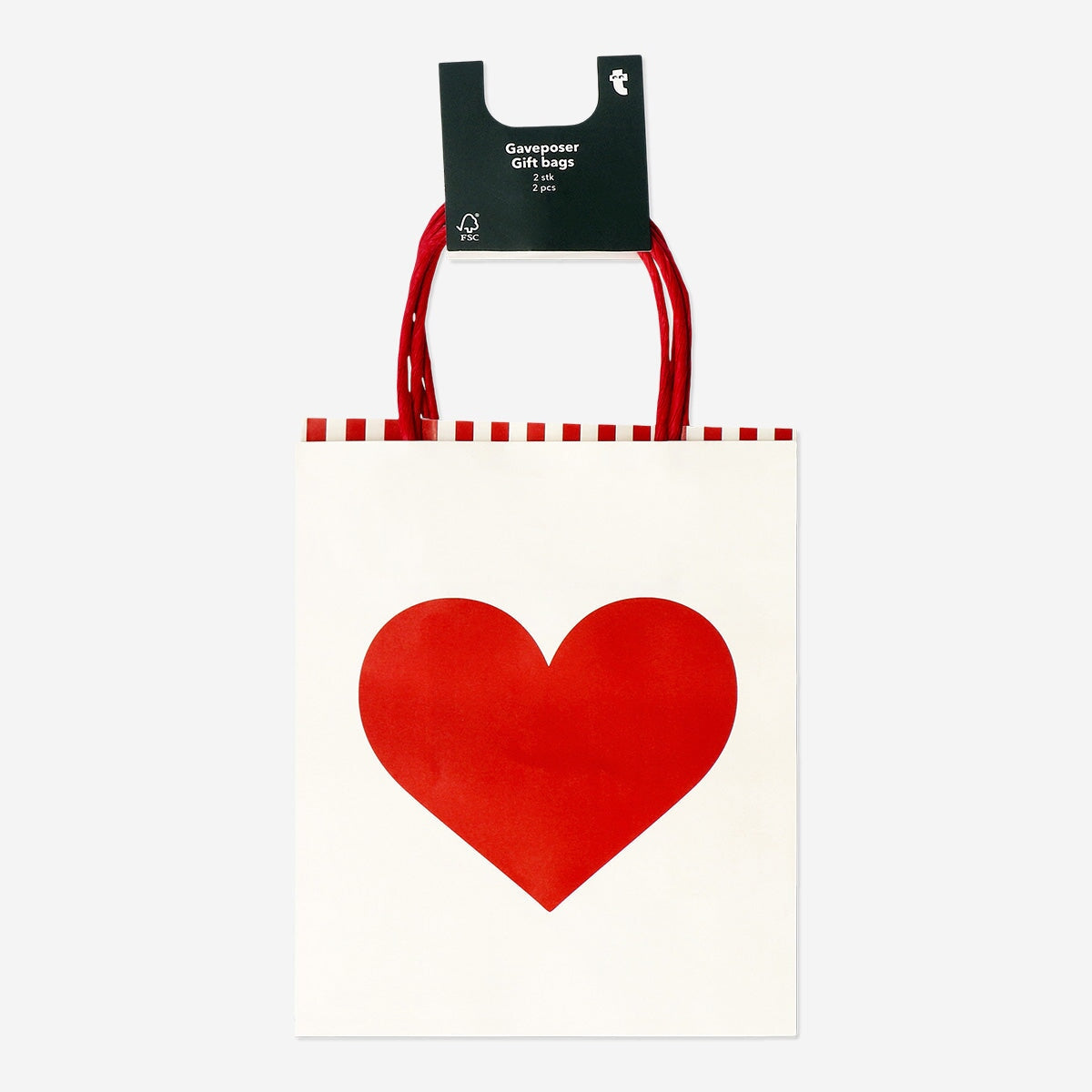 Two Flying Tiger Copenhagen party gift bags with red heart designs, perfect for celebrations and gift packaging.