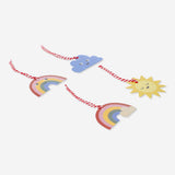 Set of four Flying Tiger Copenhagen party gift tags with colorful designs for decorating presents and gift wrapping.
