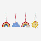 Set of four Flying Tiger Copenhagen party gift tags with colorful designs for gift wrapping and decoration.