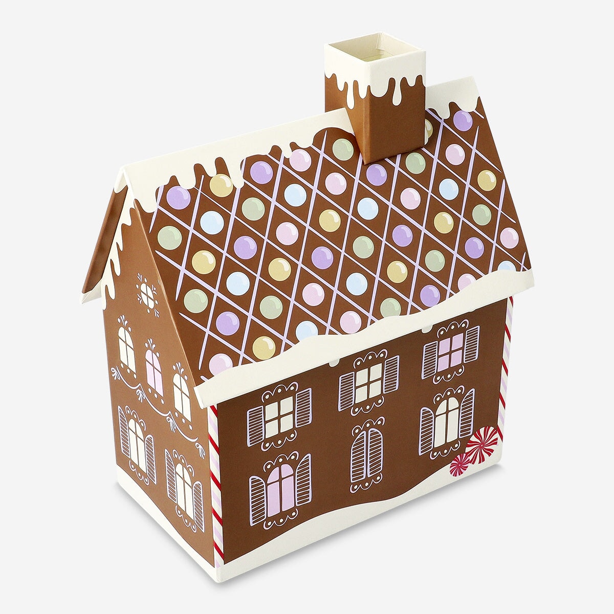 Gingerbread house gift box by Flying Tiger Copenhagen, featuring colorful icing and decorative candy designs.