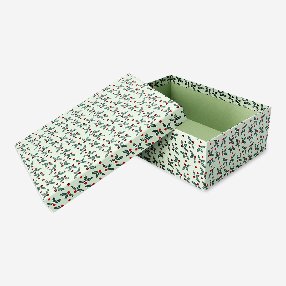 Large green gift box adorned with holly leaves, perfect for party celebrations by Flying Tiger Copenhagen.