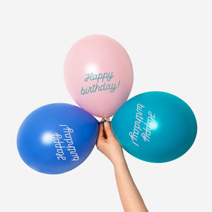 Six colorful Happy Birthday balloons from Flying Tiger Copenhagen for party decoration, featuring cheerful designs.