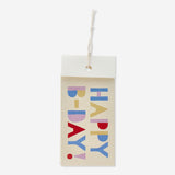 Four Flying Tiger Copenhagen happy birthday gift tags for party decorations, featuring colorful designs and festive lettering.