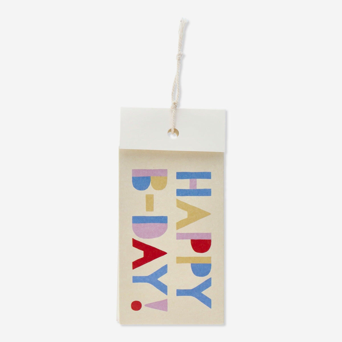 Four Flying Tiger Copenhagen happy birthday gift tags for party decorations, featuring colorful designs and festive lettering.