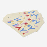 Set of four Flying Tiger Copenhagen happy birthday gift tags for party decorations, featuring colorful designs and festive text.