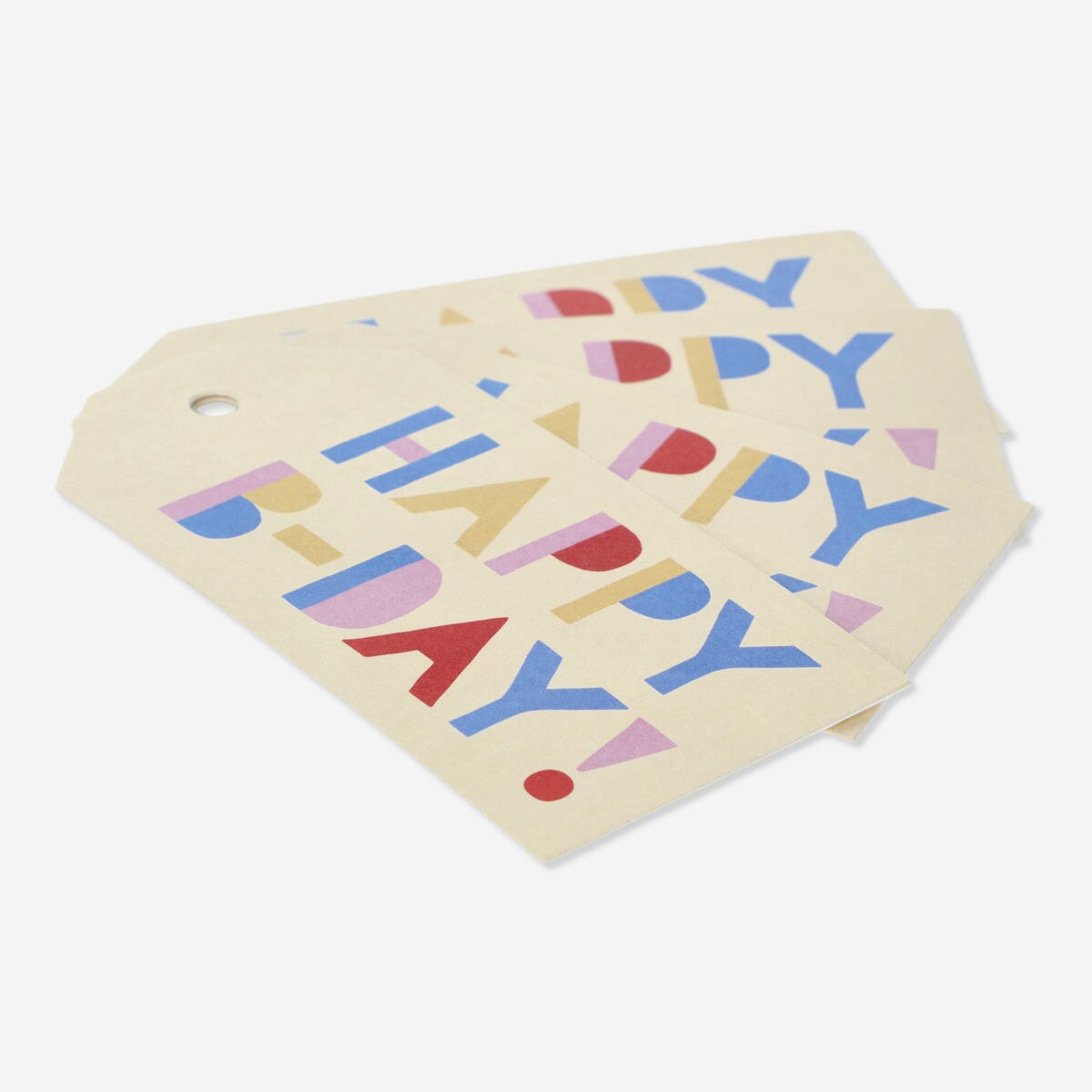 Set of four Flying Tiger Copenhagen happy birthday gift tags for party decorations, featuring colorful designs and festive text.