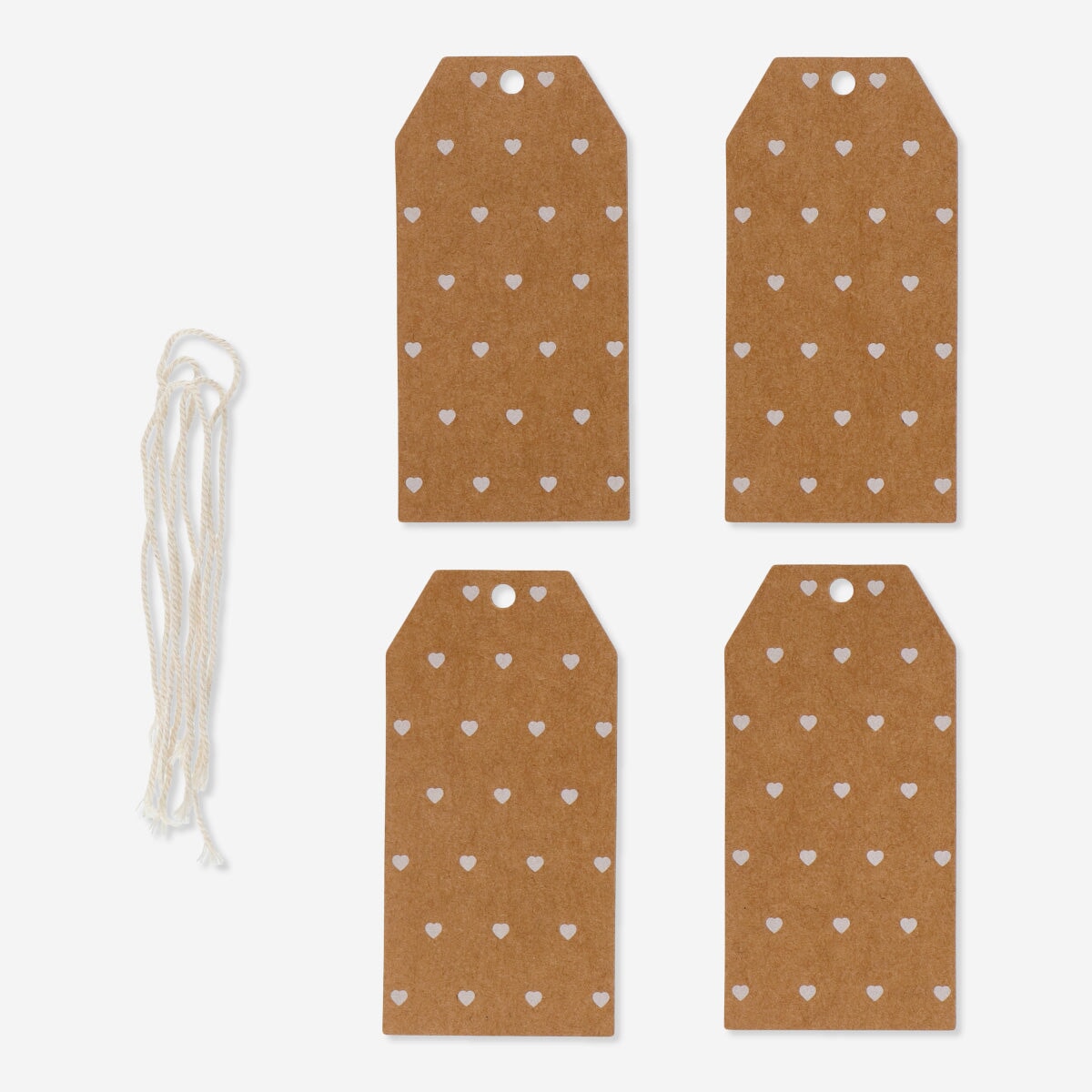 Set of four Flying Tiger Copenhagen heart-shaped gift tags for parties, featuring colorful and festive designs.