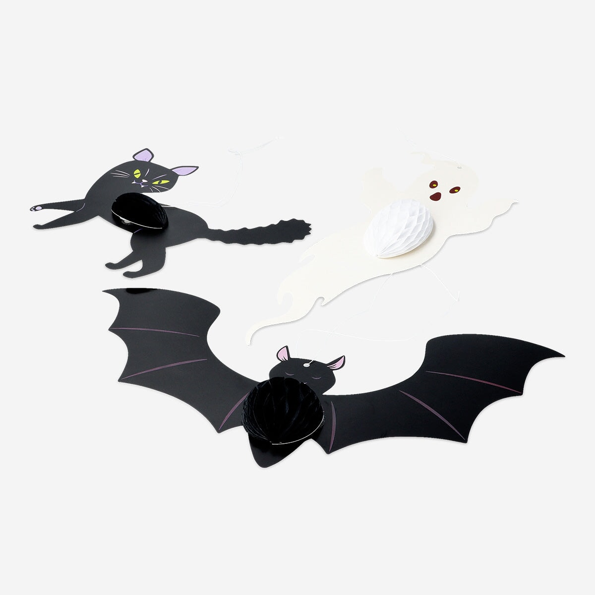 Set of three Honeycomb Halloween decorations for party decor by Flying Tiger Copenhagen, featuring colorful, collapsible paper designs.