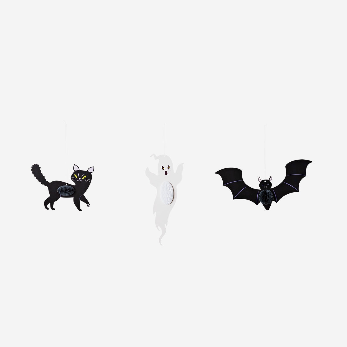 Set of three honeycomb Halloween decorations for party decor by Flying Tiger Copenhagen, featuring colorful, foldable paper designs.