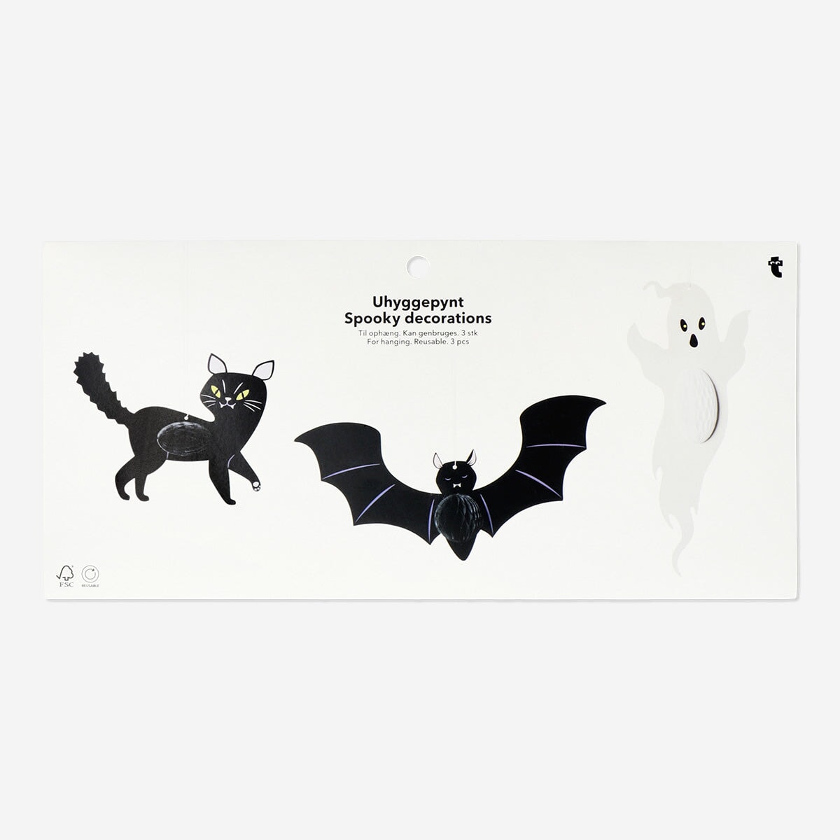 Three honeycomb Halloween decorations from Flying Tiger Copenhagen, colorful paper party ornaments for Halloween celebrations.