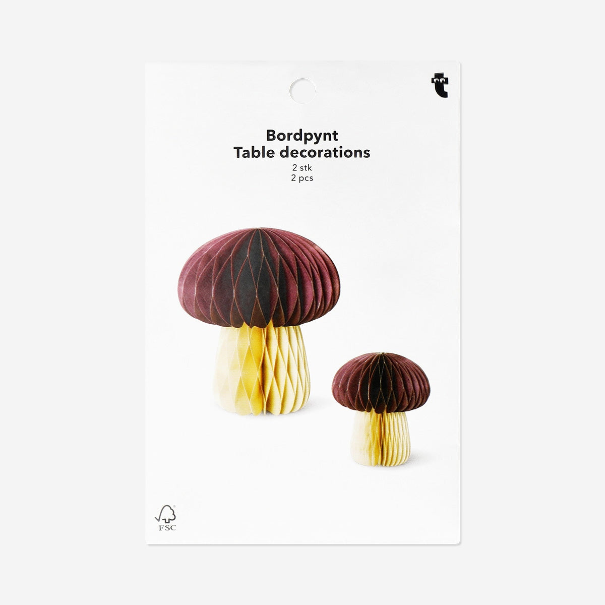 Two honeycomb mushroom party table decorations in yellow and red, perfect for festive events, by Flying Tiger Copenhagen.