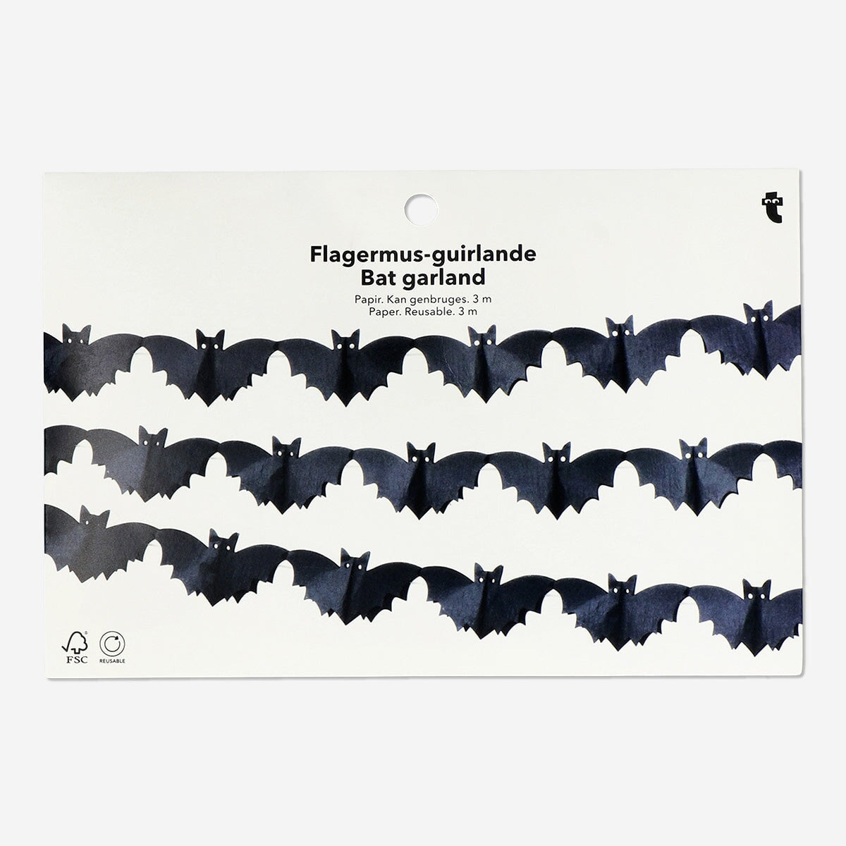 Paper bat garland from Flying Tiger Copenhagen, 300 cm long, ideal for Halloween or party decorations with black bat shapes.