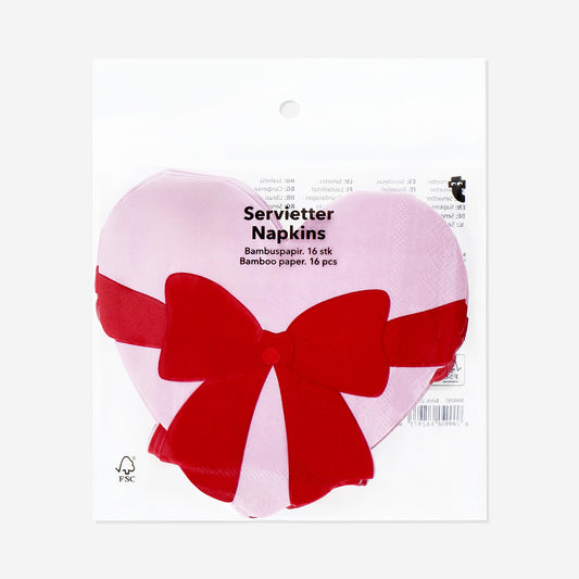 Tovaglioli con cuore rosa e fiocco - 16 pz