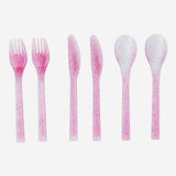 Pink plastic cutlery set with 6 pieces, ideal for parties, by Flying Tiger Copenhagen, featuring forks, knives, and spoons.