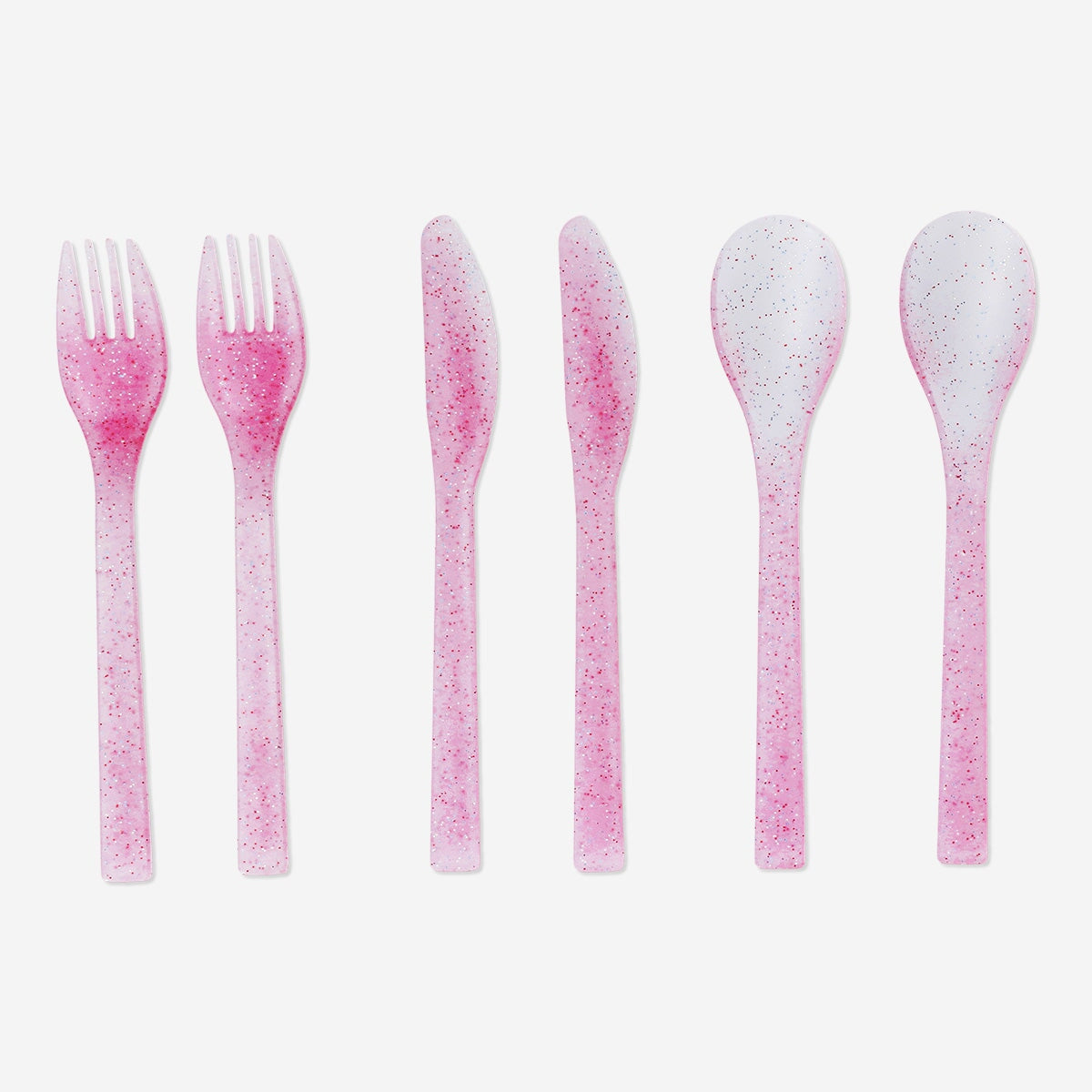 Pink plastic cutlery set with 6 pieces, ideal for parties, by Flying Tiger Copenhagen, featuring forks, knives, and spoons.