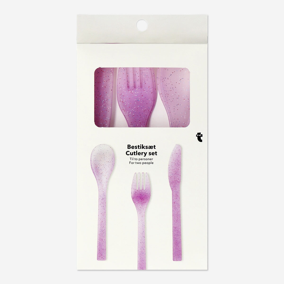Pink plastic cutlery set with six pieces, perfect for parties, by Flying Tiger Copenhagen.