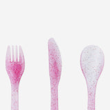 Pink plastic cutlery set with six pieces from Flying Tiger Copenhagen, ideal for party table settings and casual events.