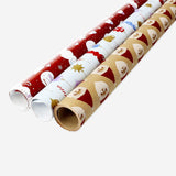Set of three Christmas-themed wrapping papers by Flying Tiger Copenhagen with festive holiday motifs for party gift wrapping.