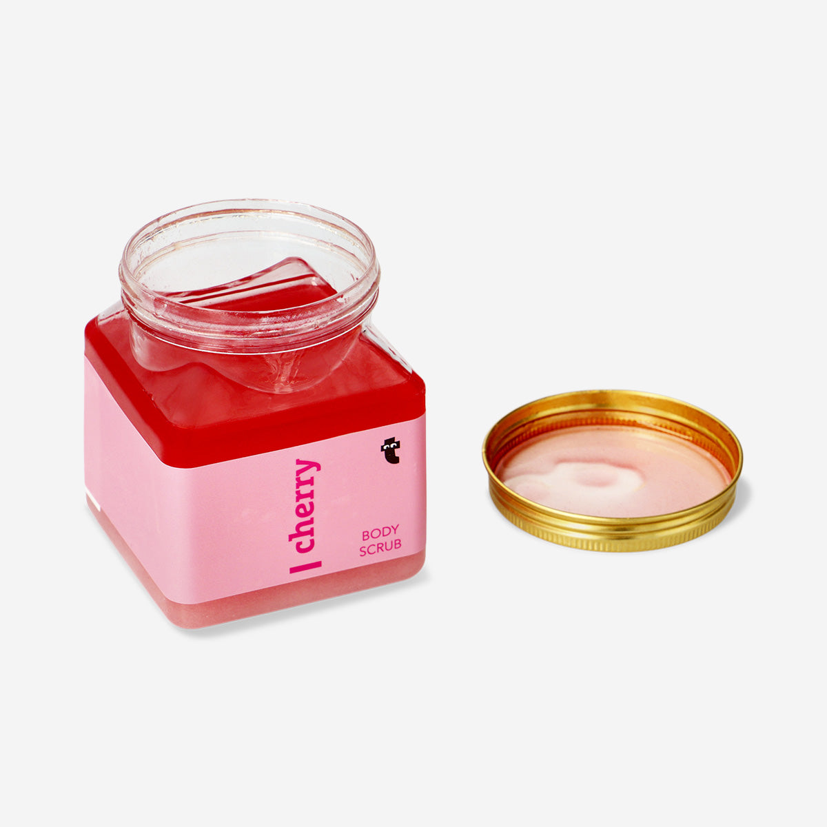 Flying Tiger Copenhagen cherry fragrance body scrub in a 500 g jar, with visible exfoliating texture and cherry scent details.