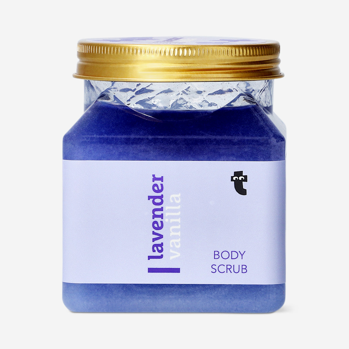 Flying Tiger Copenhagen lavender vanilla body scrub in 500g jar, featuring a textured surface and lavender vanilla scent.