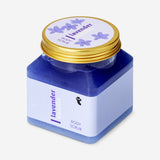 Flying Tiger Copenhagen lavender vanilla body scrub in a 500g jar, showcasing the personal care product with floral scent.