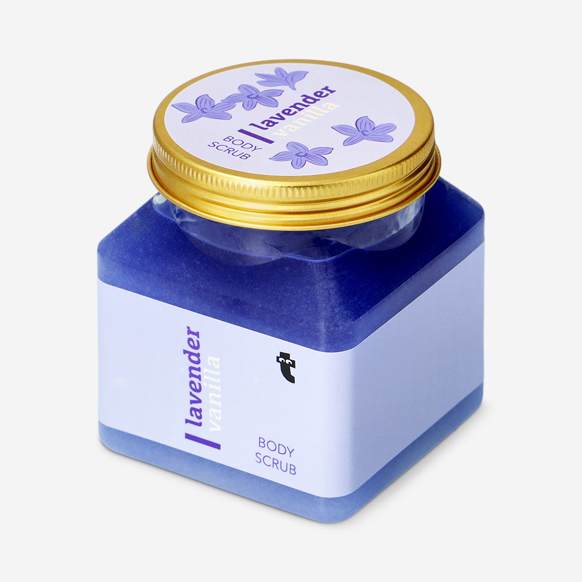 Flying Tiger Copenhagen lavender vanilla body scrub in a 500g jar, showcasing the personal care product with floral scent.