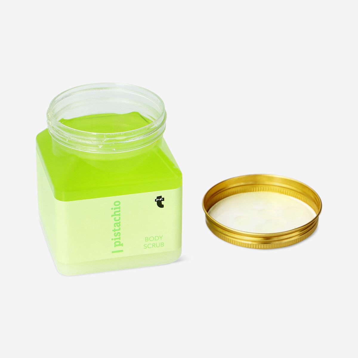 Flying Tiger Copenhagen pistachio fragrance body scrub in a 500g container, showing the creamy texture and pistachio scent.